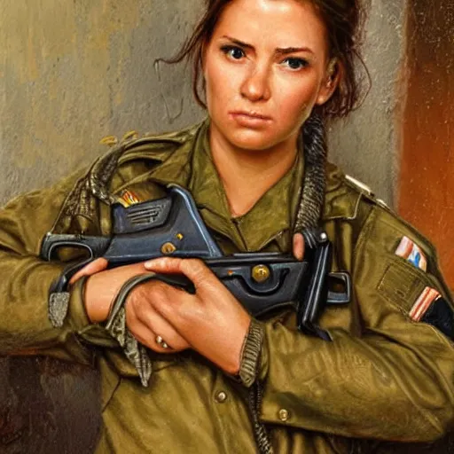 Image similar to a female soldier pressing a staple gun to her own head and looking depressed by thomas kincade realistic, high details