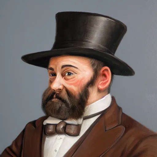 Prompt: detailed portrait painting of a gentleman Dwarf wearing brown tuxedo and top hat
