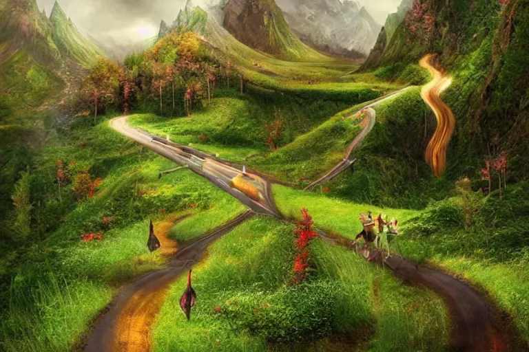 Prompt: road to the mountains in the elf forest, fantasy, beautiful landscape, many flowers after rain, Igor Morski