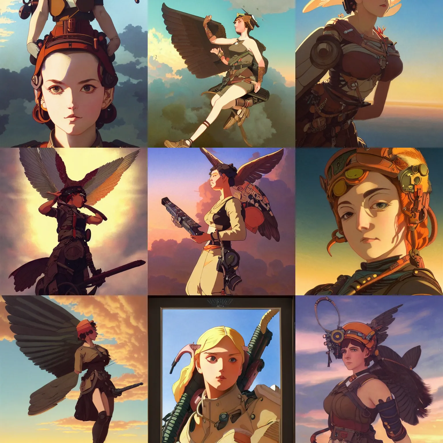 Prompt: portrait of a dieselpunk valkyrie taking flight into a vivid sunset, finely illustrated face, highly detailed, colored pencil, studio ghibli, tankobon, in the style of ilya kuvshinov and krenz cushart and william - adolphe bouguereau