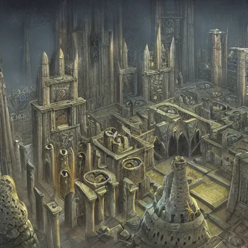 Image similar to an underground dwarven city, by john howe