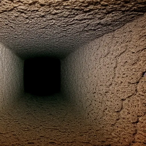 Prompt: inorganic beings of the realm of penumbra tuberous immense physical mass with many openings and pores i was almost touching it gigantic sponge porous and cavernous looks rough and fibrous dark brownish in color poriferous countless smooth geometric shaped tunnels going in every direction dream atmosphere