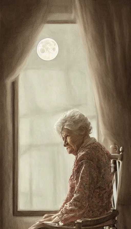 Prompt: portrait of an old lady in a rocking chair looking out of the window at the moon. old house. hyperdetailed, artstation, cgsociety, 8 k