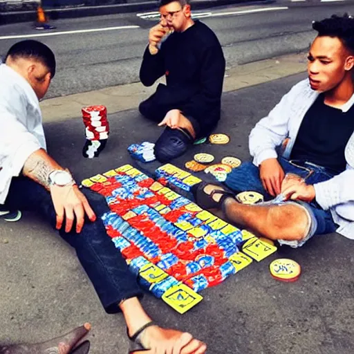 Prompt: with my homies playing street gambling, extremely human detailed, photo hyper realistic, the best photograph of august, pinterest render, vogue render