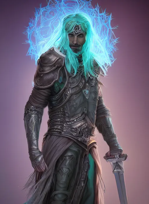 Image similar to An epic fantastic realism comic book style portrait painting of an aasimar hexblade warlock, male, grand angel wings, teal energy, silver hair, short beard, embers flickering, D&D Concept Art, unreal 5, DAZ, hyperrealistic, octane render, cosplay, RPG portrait, dynamic lighting