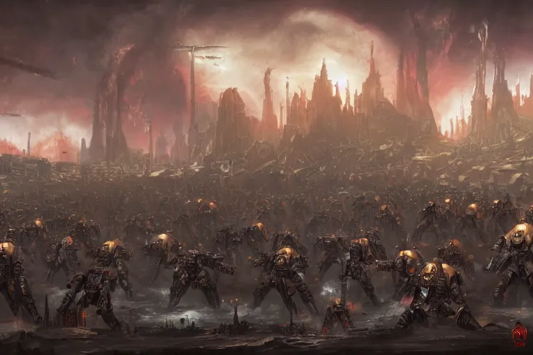 Image similar to matte painting of Adeptus Mechanicus legion, by Lewis Jones, praise the omnissiah, preparing for battle, concept art, cool hue, digital painting, Warhammer 40K