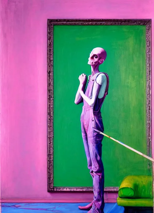 Prompt: a skinny, starving artist wearing overalls, painting the walls inside a grand ornate cathedral, hauntingly surreal, highly detailed painting by francis bacon, edward hopper, adrian ghenie, gerhard richter, and james jean, soft light 4 k in pink, green and blue colour palette