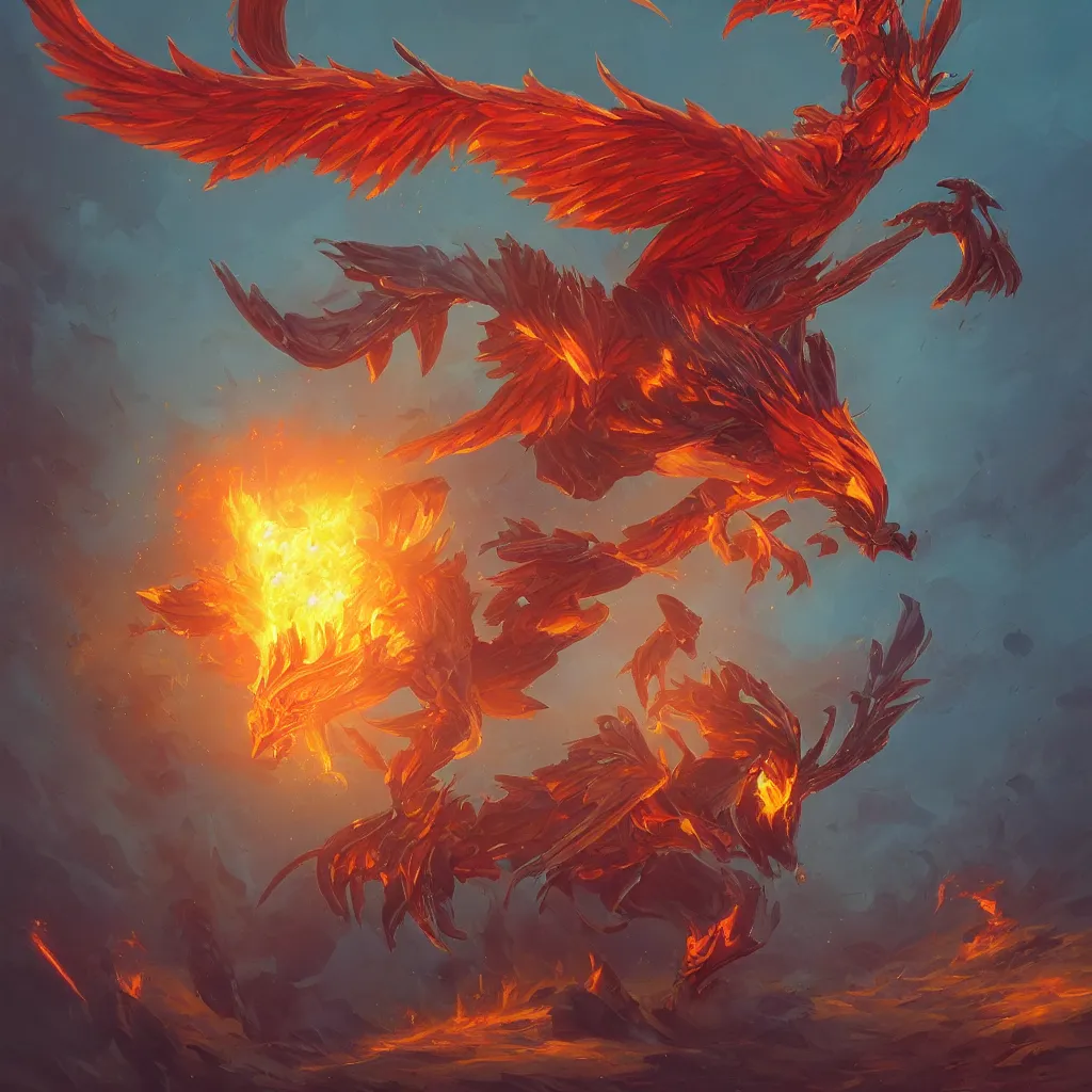 Image similar to art of a phoenix from dota 2. diving into battle, phoenix blasts enemies and heals allies with rays of solar flame. when the time is right, it can become a burning sun to scorch nearby foes before unleashing a stunning detonation that also restores phoenix to full strength. art by simon stalenhag