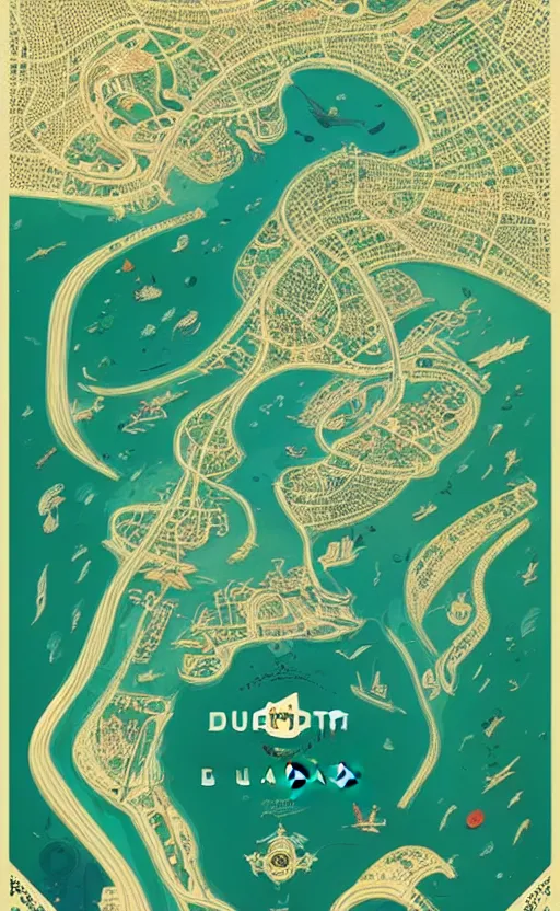 Prompt: dubai poster map, poster art by victo ngai, behance contest winner, environmental art, lovecraftian, intricate, infographic, marginalia, unreal engine, epic