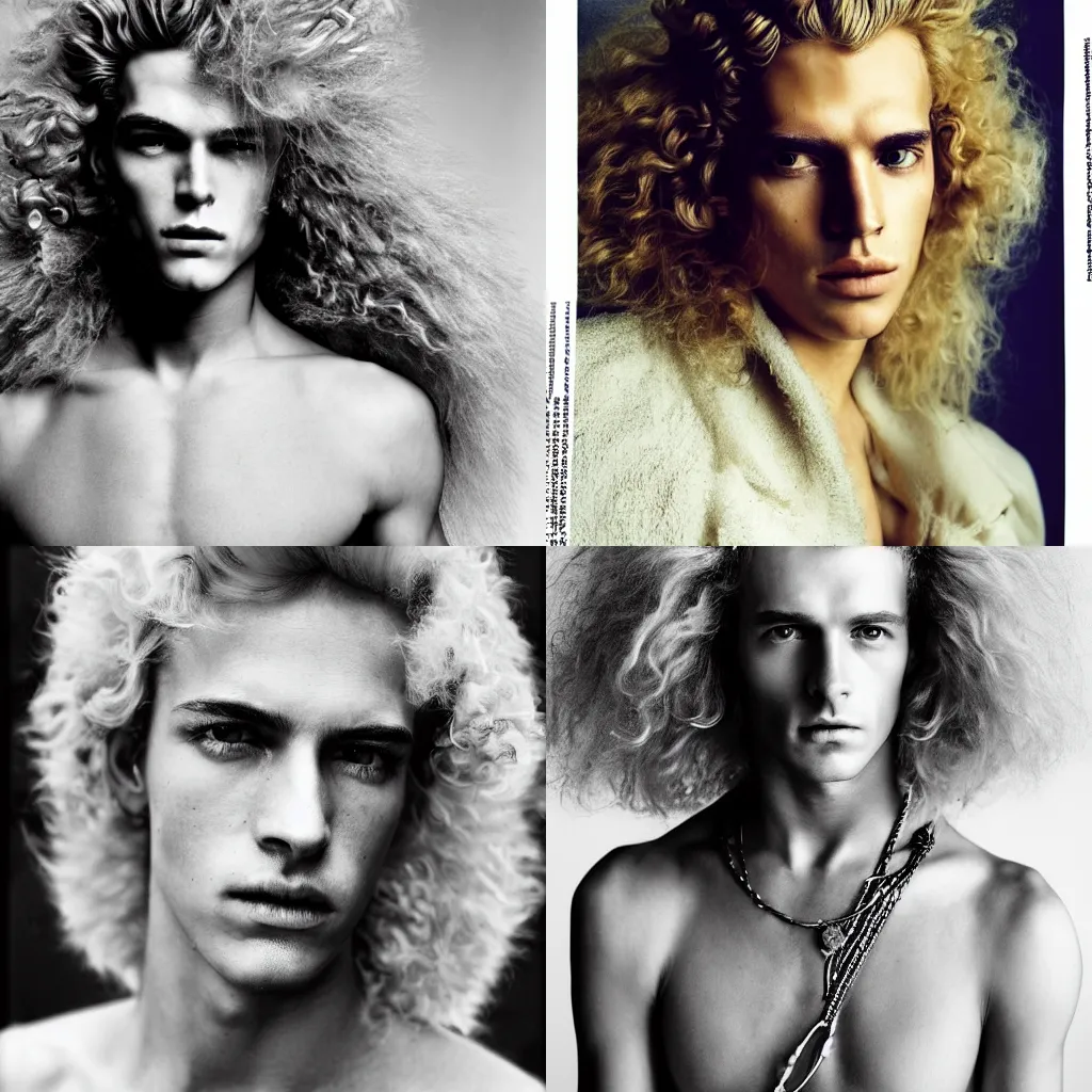 Prompt: portrait of a beautiful cyberpunk androgynous prince Lucius with luscious blond fluffy curly hair by Mario Testino, but as photo, ca. 2055, close up, detailed, award winning, 82 mm sigma art