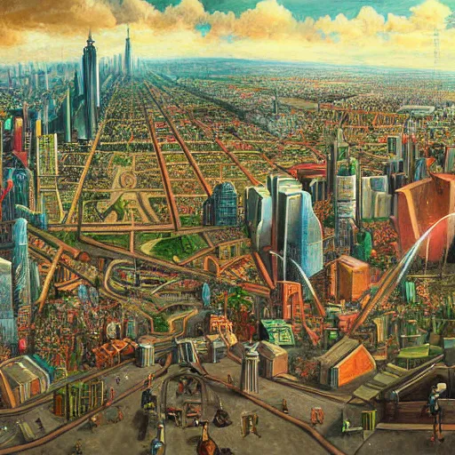 Image similar to a fantastic complex detailed painting of a chaotic city by Heironymous Bosch