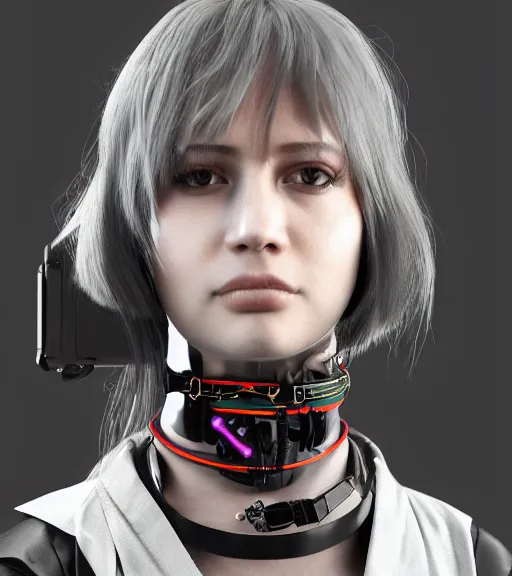 Image similar to detailed realistic female character cyberpunk wearing thick technological collar around neck, realistic, art, beautiful, 4K, collar, choker, collar around neck, punk, artstation, detailed, female, woman, choker, cyberpunk, neon, punk, collar, choker, collar around neck, thick collar, tight around neck, punk,