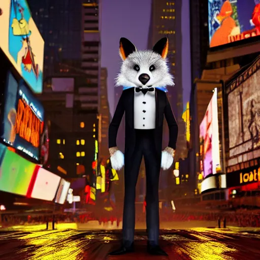 Prompt: anthropomorphic furry fox wearing a tuxedo stands on the times square ,detailed, environment, building, cinematic lights,Digital Art, Artstation