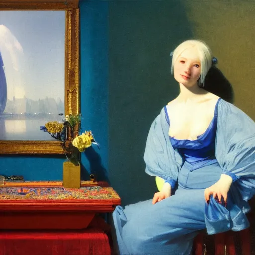 Prompt: a young woman's face, her hair is white and she wears a cobalt blue satin cloak, by ivan aivazovsky and syd mead and moebius and gaston bussiere and roger dean and pieter claesz and paul delaroche and alma tadema and aelbert cuyp and frans van mieris, hyperrealistic, volumetric light, octane render