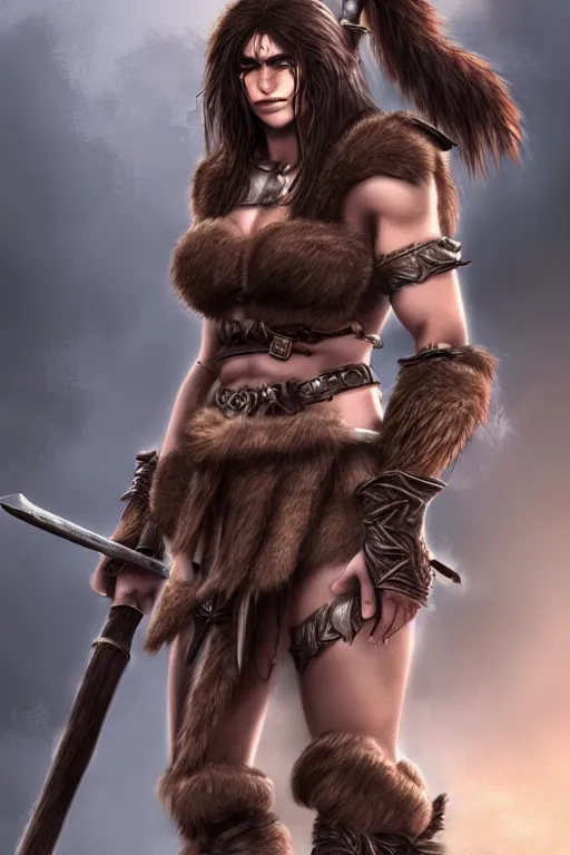 Prompt: Female barbarian, beautiful, light borwn hair, dark skin, brown eyes, detailed face, chest armor, greaves, sabatons, battle stance, high fantasy, realistic, matte painting