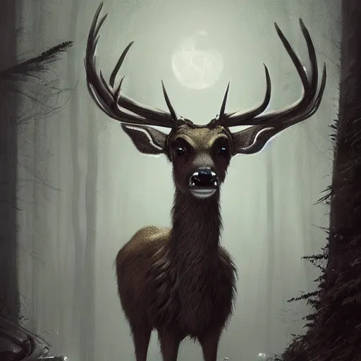 Prompt: anthropomorphic human deer monster in a dark moonlit forest, horror, highly detailed, humanoid, by Greg Rutkowski, trending on artstation, 4k