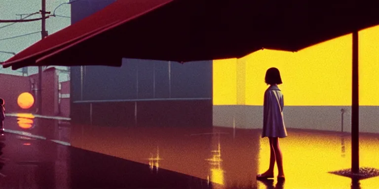 Image similar to an immaculate isometric cinematic keyframe matte painting of the silhouette of a young japanese girl standing in wide wet street 1 9 7 0 s vaporwave rust belt city at dusk with an oversized moon, just after the rain has cleared. by eric lafforgue, glennray tutor and edward hopper, greg rutkowski. trending on artstation.