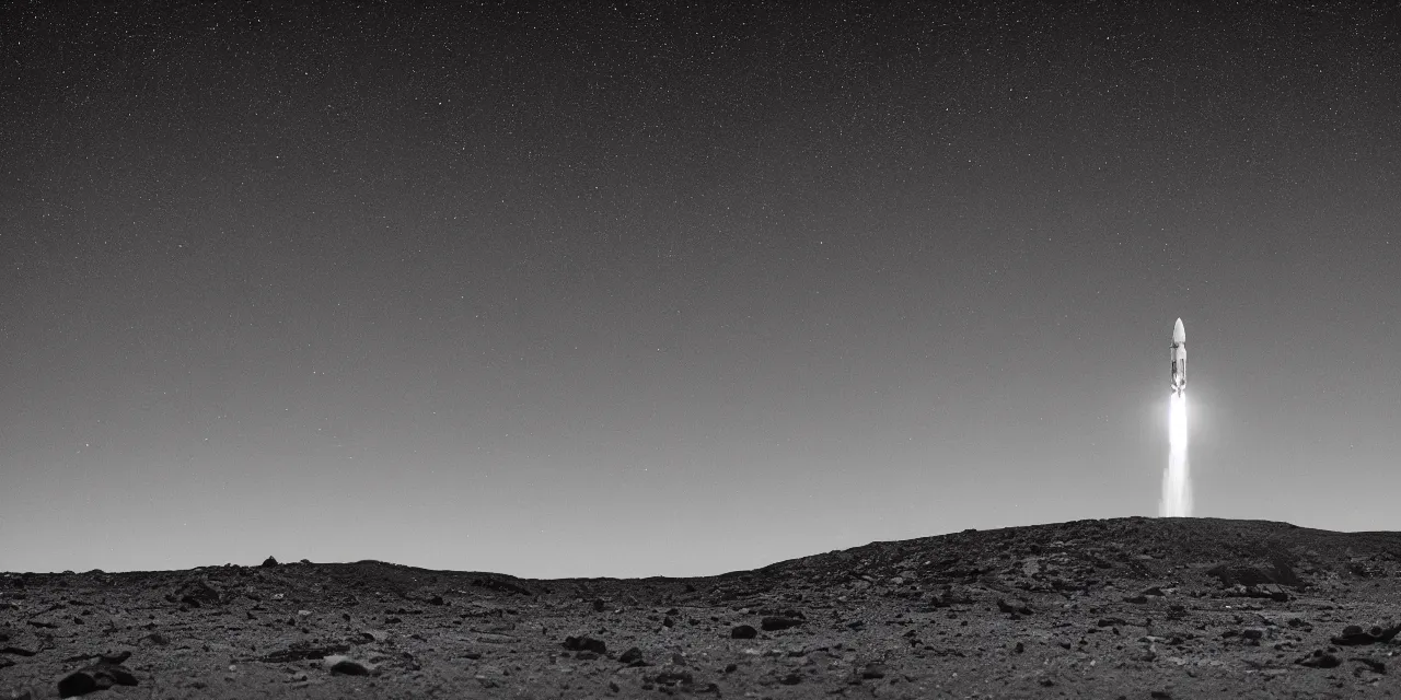 Image similar to 1 7 mm, black and white photo of a rocket landing on bright mars, black background with stars, cinematic film still, high contrast, astrophotography, 4 k