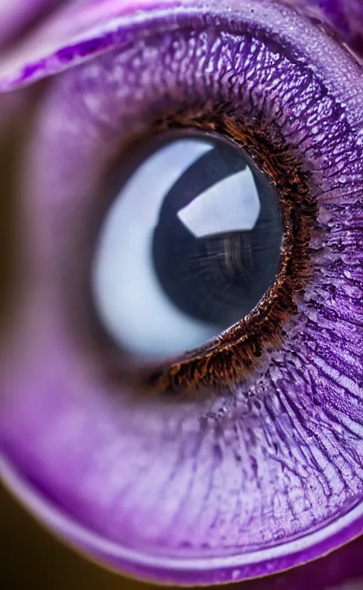 Image similar to macro shot, close-up of a purple squid eye, intricate iris, ultrarealistic, highly detailed