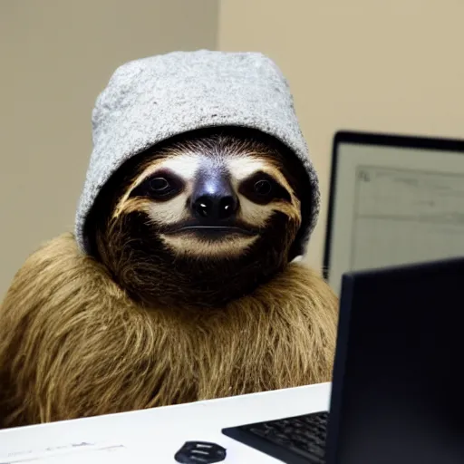 Image similar to photo of a cute sloth typing on a computer ando wearing a wool hat