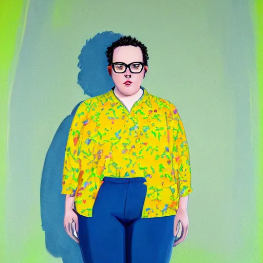 Image similar to colorful and festive cute young plus size todd solondz with tan skin, clear sharp todd solondz face, wearing yellow floral blouse. full body, rich vivid pastel colors, ambient lighting, dynamic lighting, 4 k, atmospheric lighting, painted, intricate, highly detailed by francis bacon and charlie bowater