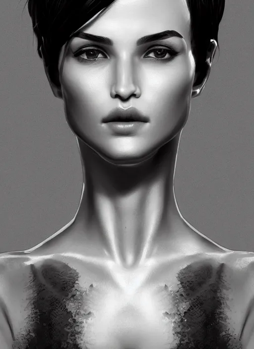 Image similar to up close portrait of a beautiful woman in black and white, photorealistic, pixie cut, intricate hair, rule of thirds, art by diego fazio and diegoKoi and oscar Ukono, concept art, sharp focus, artgerm, 8k highly detailed