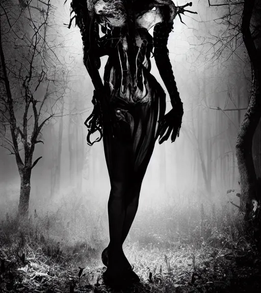 Image similar to gothic necrolord female with zombie servents, professional photography, high resolution, liminal eerie midnight backlit, a photograph taken by Cindy Sherman