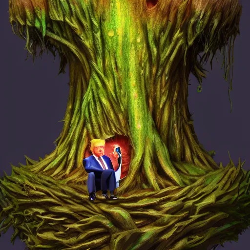 Image similar to donald trump is fused into a tree stump, hyperdetailed, artstation, cgsociety, 8 k