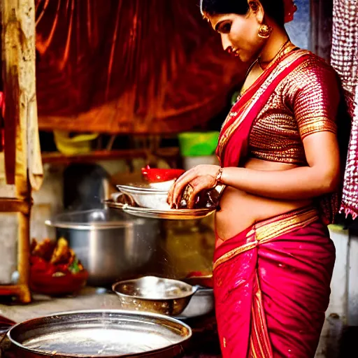 Image similar to A beautiful Bengali woman in a royal red and gold saree cooking at the stove while several Bengali dishes are served on the table beside her. The picture must be warm and rustic and nostalgic.