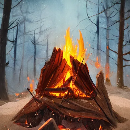 Image similar to close up campfire in the woods, stylized, artgerm, artstation, hd, cgsociety, cgi, realistic, dramatic, cinematic, artistic, trending, detailed