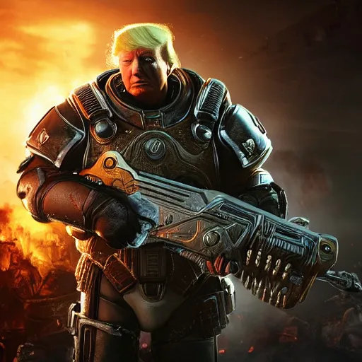 Image similar to Photo portrait of Donald Trump as Crusader!! in Gears of War, splash art, movie still, detailed face, photorealistic facial features, cinematic lighting, dramatic, octane render, long lens, shallow depth of field, bokeh, anamorphic lens flare, 8k, hyper detailed, 35mm film grain