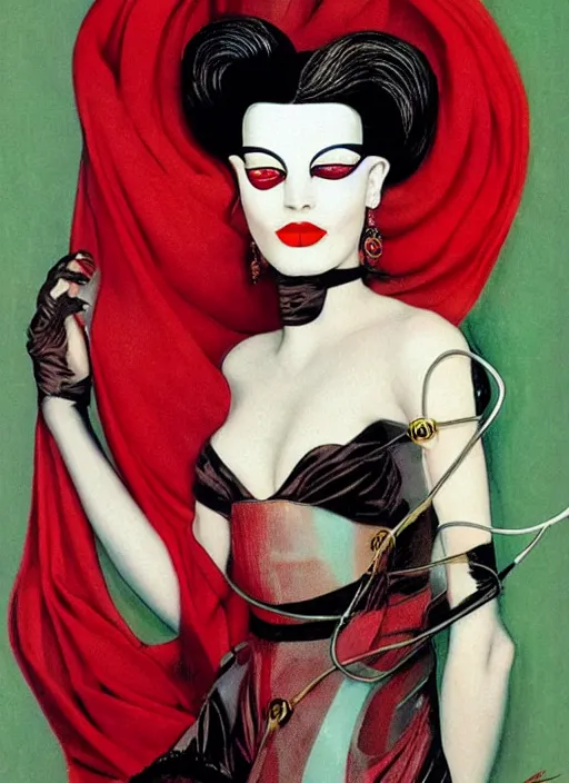 Image similar to an 8 0 s portrait of a woman with dark eye - shadow and red lips with dark slicked back hair, a mask made of wire and beads, dreaming by serge lutens, rolf armstrong, delphin enjolras, peter elson, red cloth background, surreal flat color