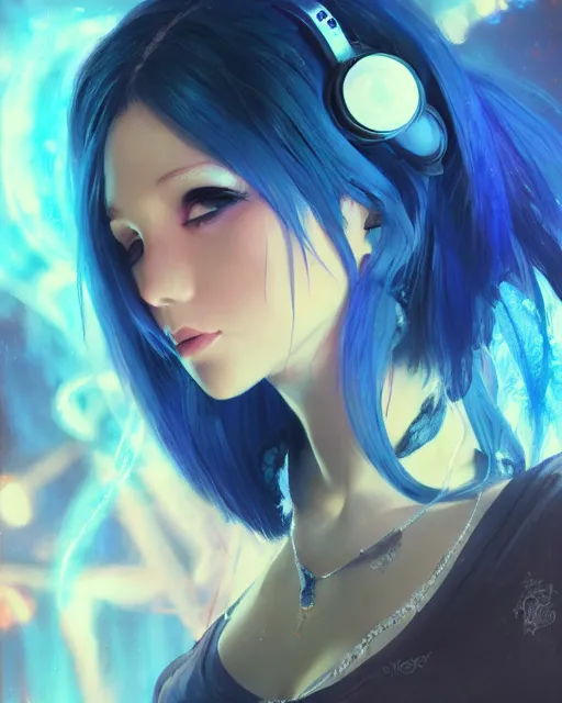 Image similar to pretty girl djing at a rave, blue hair, rem rezero, sharp focus, digital painting, 8 k, concept art, art by wlop, artgerm, greg rutkowski and alphonse mucha