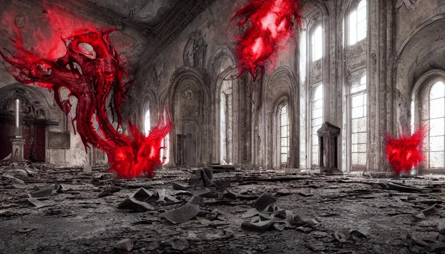 Image similar to demons battle lovecraftian monsters in an abandoned church in the vatican, 8 k, soft lighting, hdr, octane render, cinematic, red fluid on walls of the church, smoke, photorealistic, bokeh