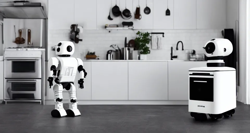 Prompt: short droid robot helper, white plastic and shiny black, IKEA Catalogue photo in a high end farmhouse style kitchen