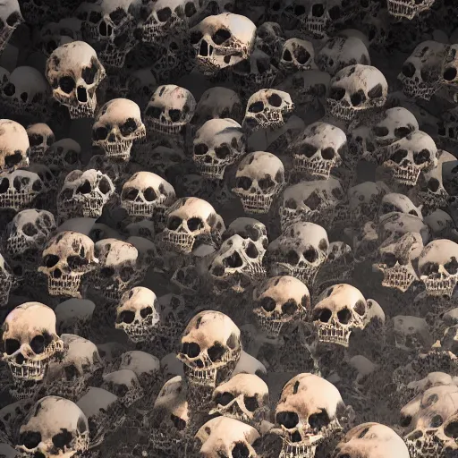 Prompt: ! dream hundreds of glowing skulls floating over the ground of a post - apocalyptic city, dark, horror, high detail, cinematic lighting, unreal engine