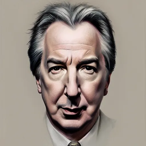 Image similar to portrait of Alan Rickman, detailed, centered, digital painting, artstation, concept art, by donato giancola, Sean Yoro, Greg Rutkowski, trending on Artstation, Joseph Christian Leyendecker, WLOP, Boris Vallejo, dark, moody, foggy