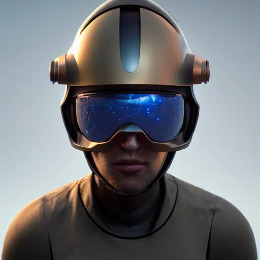 Image similar to a close up of a person wearing a helmet, a raytraced image by Filip Hodas, zbrush central contest winner, space art, vray tracing, hard surface modeling, zbrush