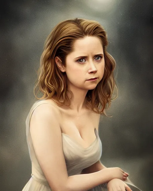 Image similar to beautiful jenna fischer, ethereal, dreamy, backlit, highly detailed, stern expression, realistic lighting, sharp focus, windswept, rule of thirds, symmetrical facial features, by artgerm, wlop, rossdraws, frank frazetta, andrei riabovitchev, trending on artstation, hd, 4 k, fantasy