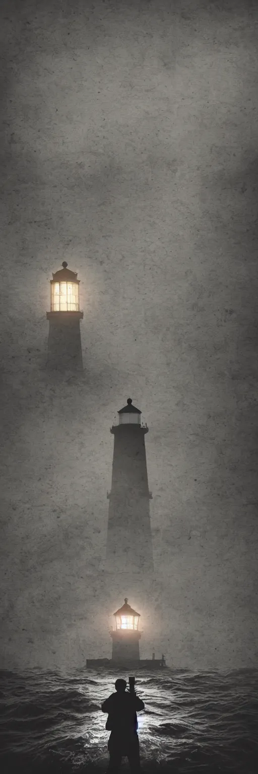 Prompt: lighthouse in the middle of the ocean, covered in silent hill style sigils, horror, person standing with a lantern centered in the foreground, spooky, scary