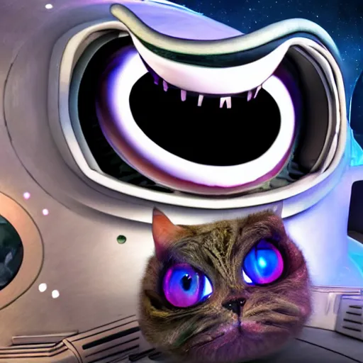 Image similar to Anthropomorphic alien Cheshire cat in the cabin of the spacecraft navigating through the epic space battle. Star Trek movie style, ultra realistic, 8k, highly detailed, digital art