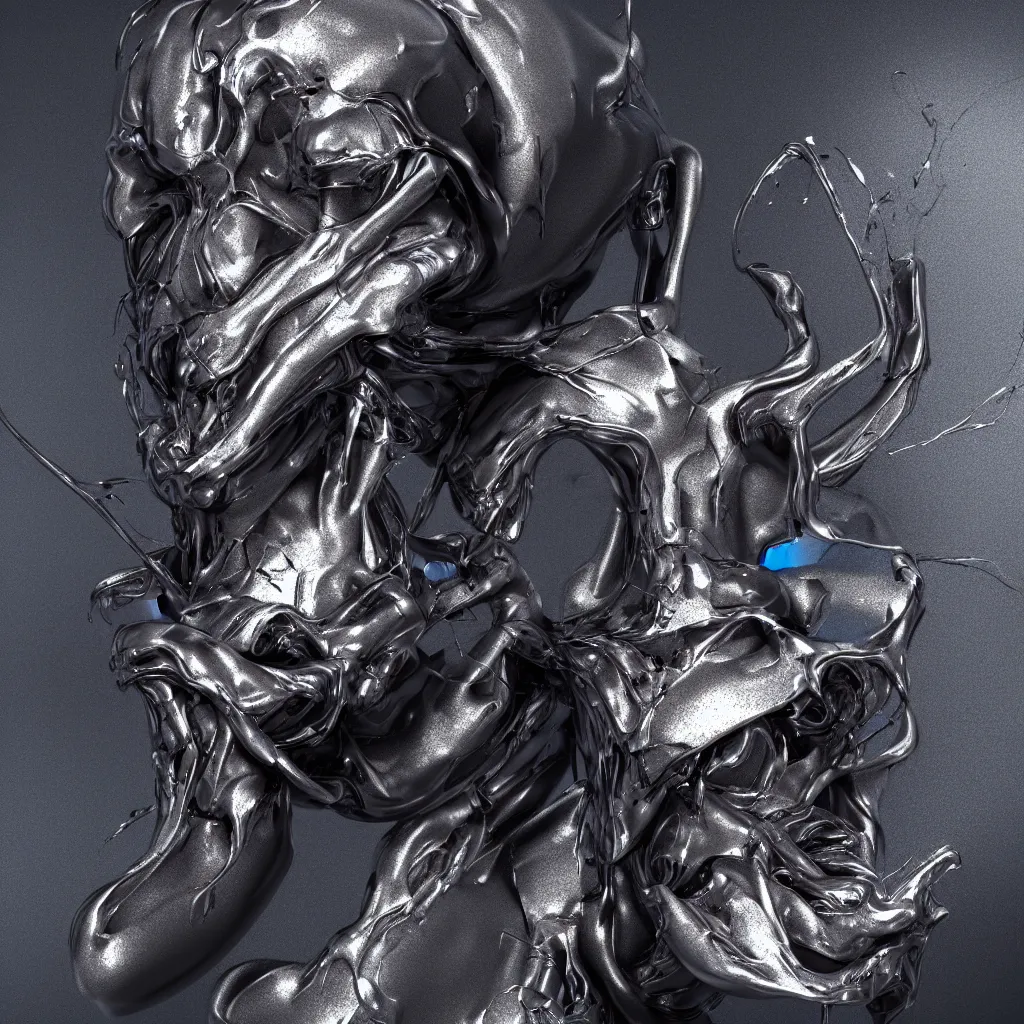 Image similar to 3 d render of a melted insectoid head, sculpture, chrometype, liquid metal, neotribal, raytraced, volumetric lightning, 8 k, by wlop, ouchh and and innate studio