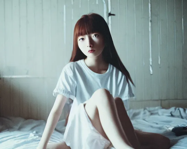 Image similar to a film still of lone anime girl in white tshirt is sitting on poor bed in pale colors room in dark russian flat, perfect faces, fine details, anime, cinestill