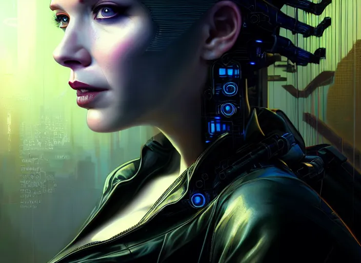 Image similar to portrait shot of a christina hendricks wearing cyberpunk clothing in cyberpunk 2 0 7 7, intricate, elegant, highly detailed, centered, digital painting, artstation, concept art, smooth, sharp focus, illustration, artgerm, tomasz alen kopera, peter mohrbacher, donato giancola, joseph christian leyendecker, wlop, boris vallejo