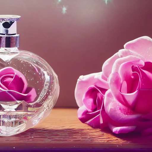 Image similar to perfume bottle surrounded by bouquet of artistic, luscious pink roses, romantic sparkly mist, soft femme, simple path traced, environment, up close shot