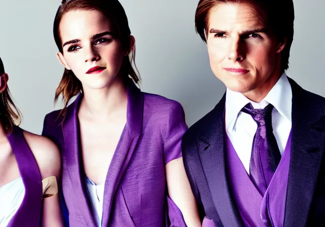 Image similar to a professional fashion model photo of Emma Watson and her twin sisters wearing purple dressed surrounding Tom Cruise wearing a suit and tie. Euro-American crossover photography.