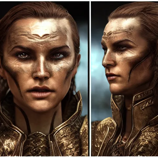 Image similar to charismatic rugged, the elder scrolls vi character brunette female portrait partially clothed in exquisitely deatiled metal - plated battle armour, atmospheric lighting, painted, intricate, volumetric lighting, beautiful, rich deep colors masterpiece, sharp focus, ultra detailed by leesha hannigan, ross tran, thierry doizon, kai carpenter, ignacio fernandez rios