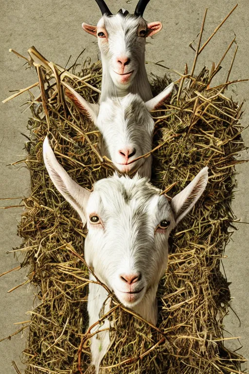 Prompt: a goat standing upright, holding a bundle of sticks and wearing clothes made of leaves