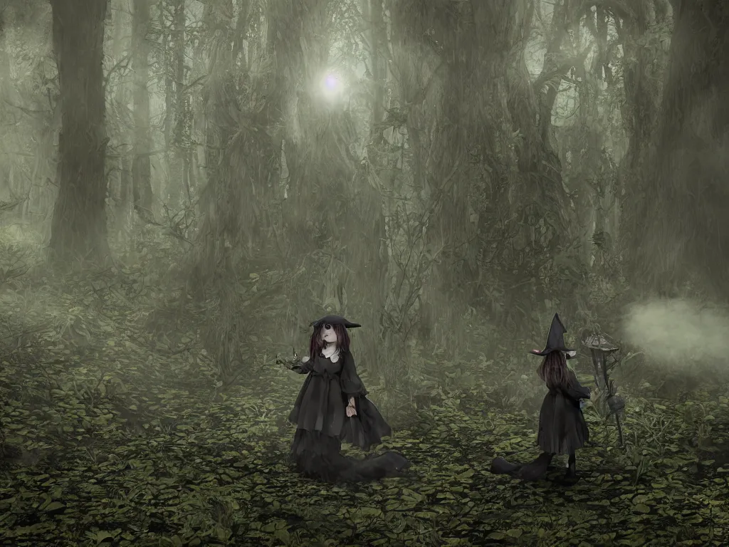 Image similar to cute gothic fumo plush witch girl ventures deep into the forbidden forest, malevolent glowing magical energy, ancient overgrown pagan monument summoning circle, volumetric fog and smoke, the bog of dark abyss, vray