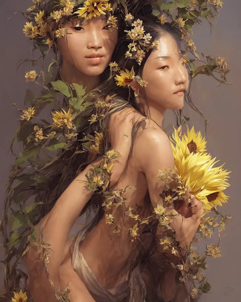 Image similar to a professional painting of the Sunflower Goddess, beautiful and wise-looking east-asian woman, olive skin, beautiful bone structure, symmetrical facial features, intricate, elegant, digital painting, concept art, smooth, sharp focus, illustration, art style by Ruan Jia and Mandy Jurgens and Artgerm and William-Adolphe Bouguerea